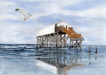 Postkarte DIN-A5  Aquarell Maritim Kunst Druck Kunstdruck Nordsee St. Peter Ording SPO Westerhever Pfahlbau Pfahlbauten Meer Strand